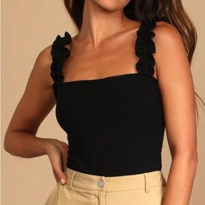 Black Ribbed Bodysuit with Ruffled Straps